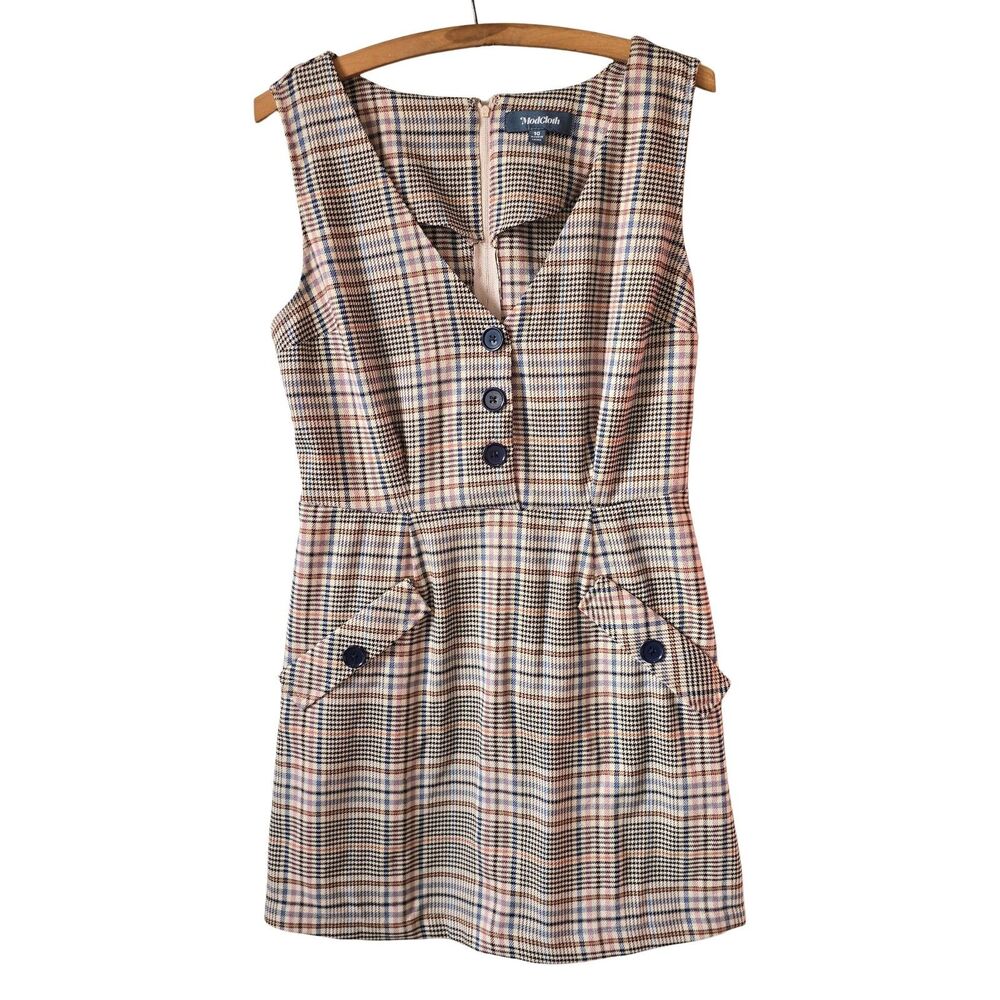 ModCloth Dress Plaid Button Up Tank Foe Pockets Bodycon Houndstooth Mini W10 M - Picture 3 of 7